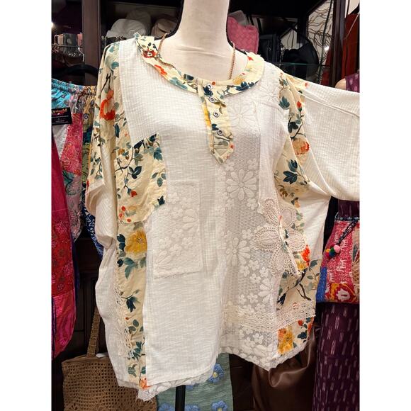 POL - Round Neck Short Sleeve Floral Knit Rib Top - Small - Picture 4 of 9